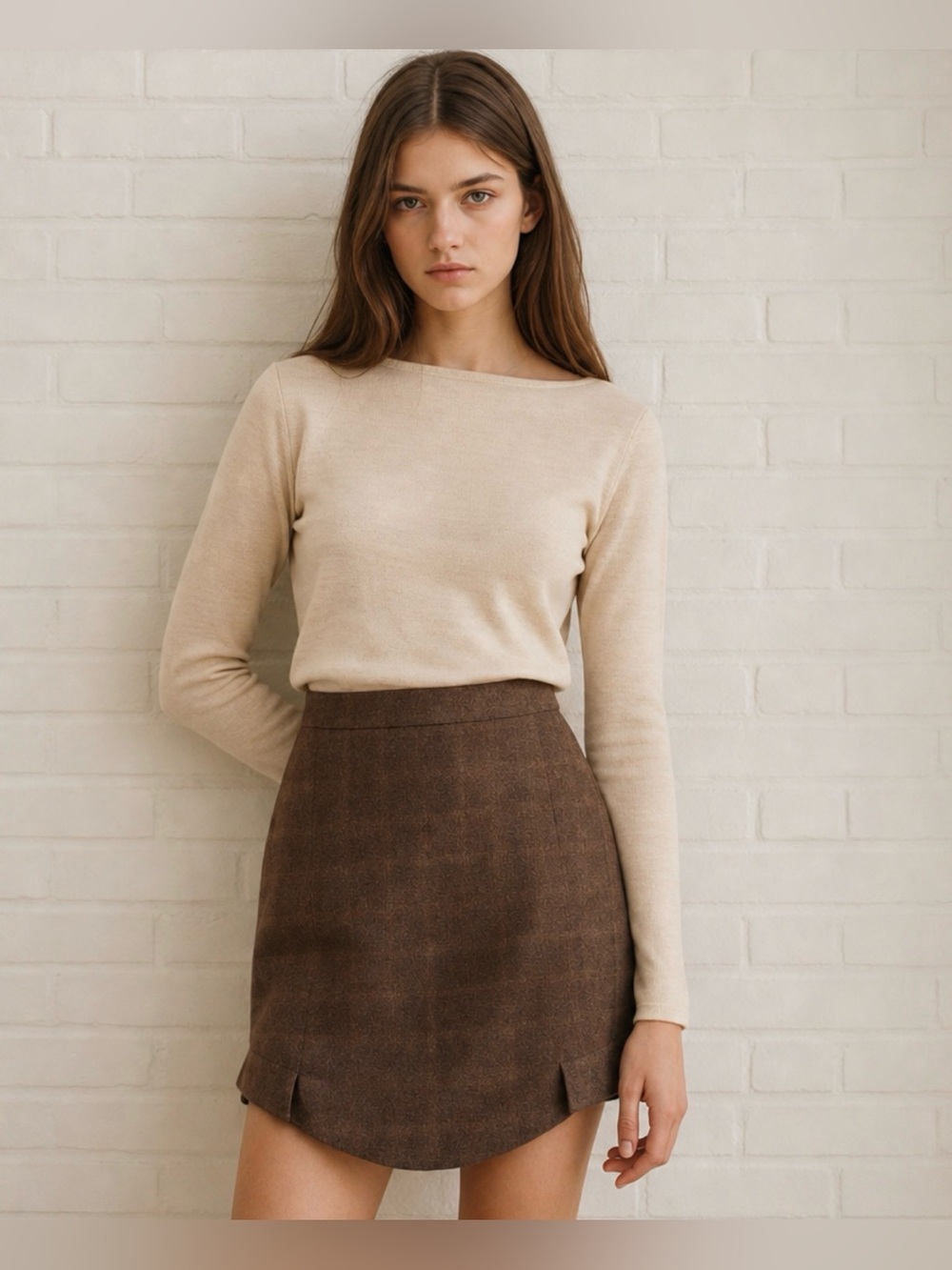 St-Martins Scandinavian Design Marvis-M19 Brown Tweed Wool-Blend Skirt - Size M